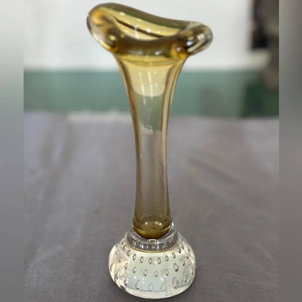 Vintage Aseda Amber Art Glass Jack in the Pulpit Vase w/ Bubble Base 7